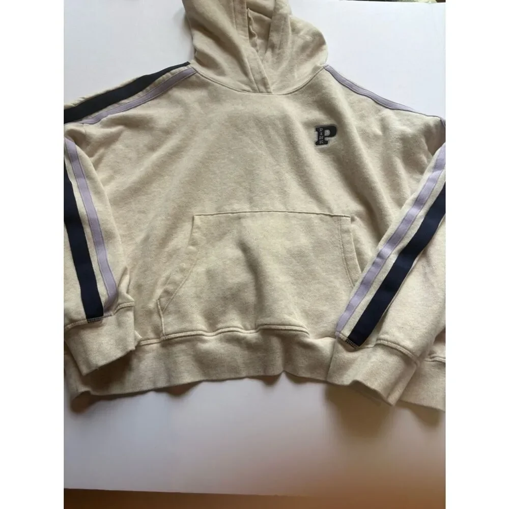 PINK Women's Cream Hoodie Sweatshirt w/ Navy & Lavender Stripe Pullover Size XL